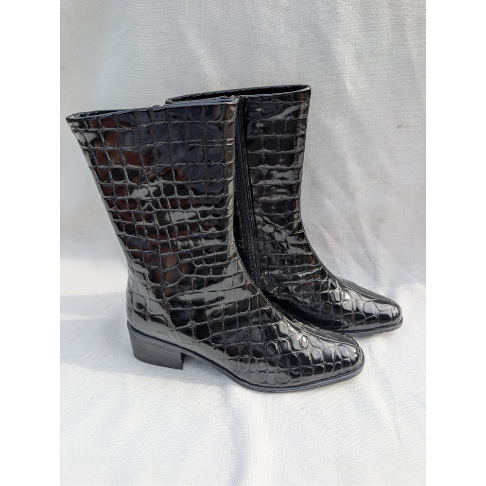 ME TOO Drylastics Palla‎ Q Womens Mid Calf Boots 8.5 Black Faux Croc Patent Zip